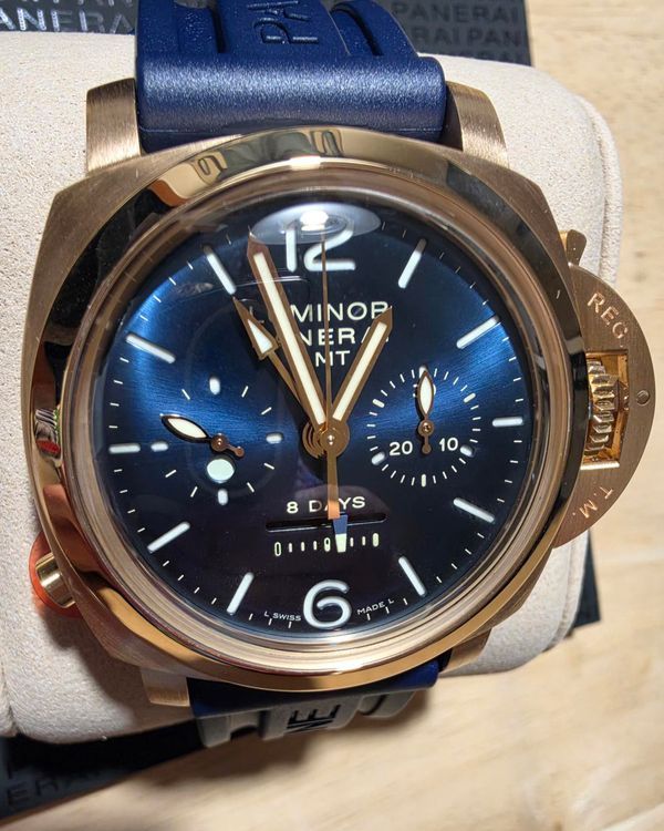 2007 Panerai Luminor 1950 Chrono Monopulsante 8 Days GMT L. E. 44MM Blue Dial Rubber Strap (PAM00277)