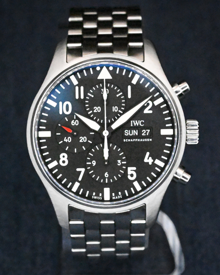 No Reserve - 2016 IWC Schaffhausen Pilot Chronograph 43MM Black Dial Steel Bracelet (IW377710)