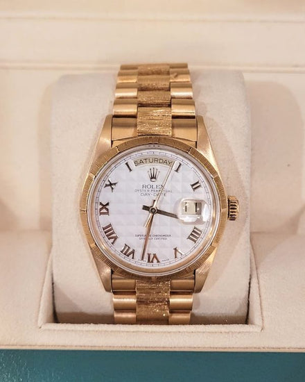 1987 Rolex Day-Date 36MM Ivory "Pyramid Motif" Dial Yellow Gold "Bark" President Bracelet (18078)
