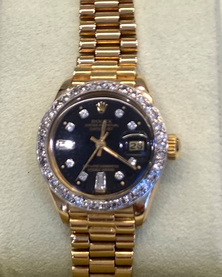 Rolex Lady-Datejust 26MM Aftermarket Black Dial Yellow Gold President Bracelet (6917)