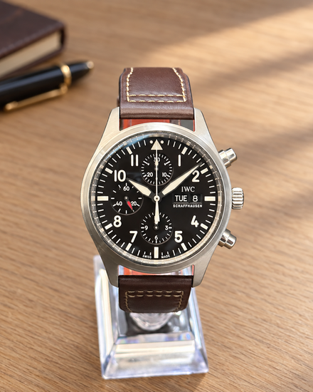 No Reserve - 2016 IWC Schaffhausen Pilot Chronograph 42MM Black Dial Leather Strap (IW371701)
