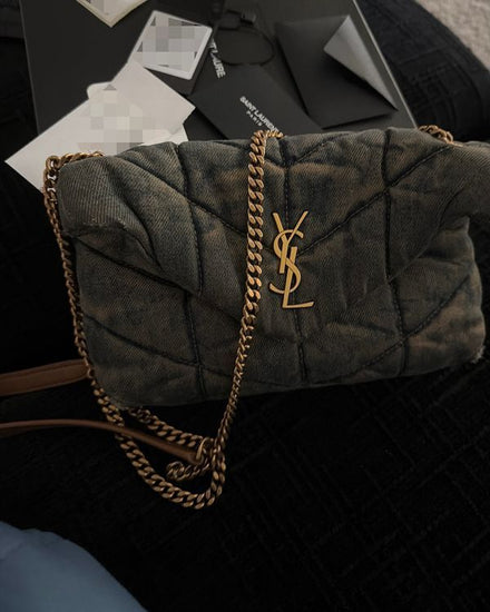 No Reserve - Saint Laurent Denim Quilted Toy Loulou Puffer Monogram Satchel Medium Denim Gold-Tone Hardware Chain Strap (Bag)