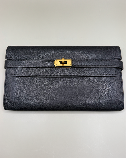 No Reserve - 2008 Hermès Chevre Mysore Kelly Longue Wallet Black Leather Gold-Tone Hardware (Wallet)