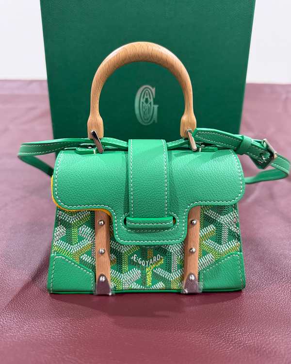 2026 Goyard Saïgon Structure Mini Top Handle Bag Small Canvas Green Leather Palladium Tone Hardware Beechwood Handle Leather Strap (Bag)