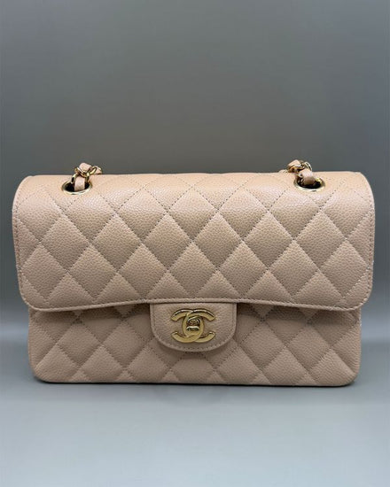 No Reserve - Chanel Bag Double Flap Small Beige Leather Gold-Tone Hardware Leather/Chain Strap (Bag)
