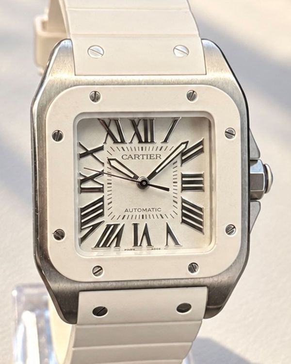 No Reserve - 2015 Cartier Santos 100 33MM White Dial Rubber Strap (W20122U2)
