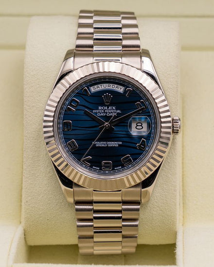 2011 Rolex Day-Date II 41MM Blue "Wave" Dial White Gold President Bracelet (218239)