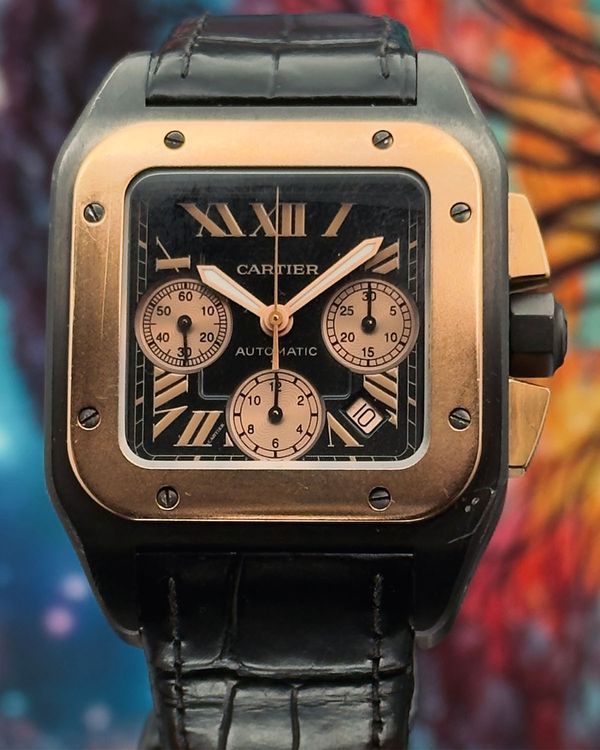 2010 Cartier Santos 100 Chronograph 54.9MM Black Dial Leather Strap (W2020004)