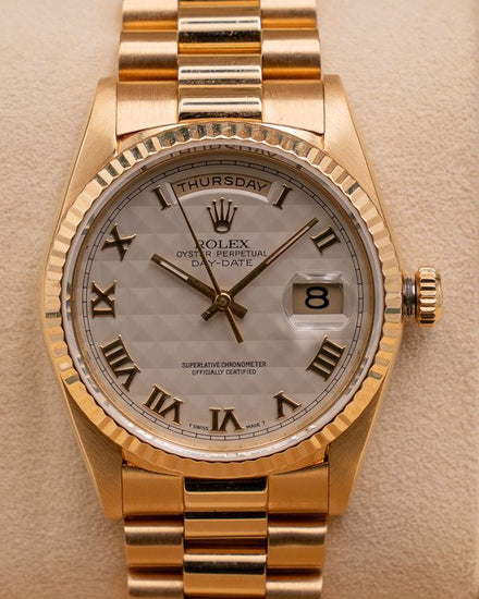 1990 Rolex Day-Date 36MM White "Pyramid" Dial Yellow Gold President Bracelet (18238)