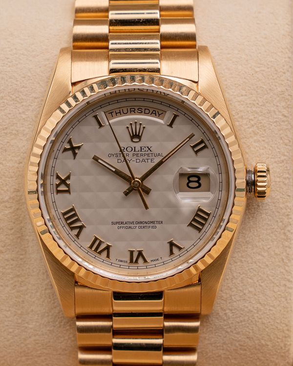 1990 Rolex Day-Date 36MM White "Pyramid" Dial Yellow Gold President Bracelet (18238)