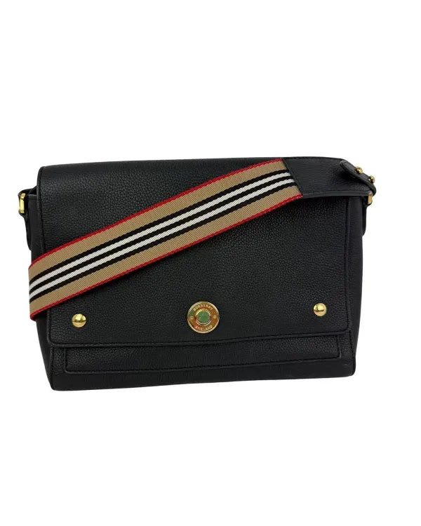 Burberry Grainy Calfskin Note Black Crossbody Gold-Tone Hardware Textile Strap (Bag)