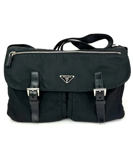 Prada Tessuto Nylon Double Buckle Black Messenger Bag (Bag)