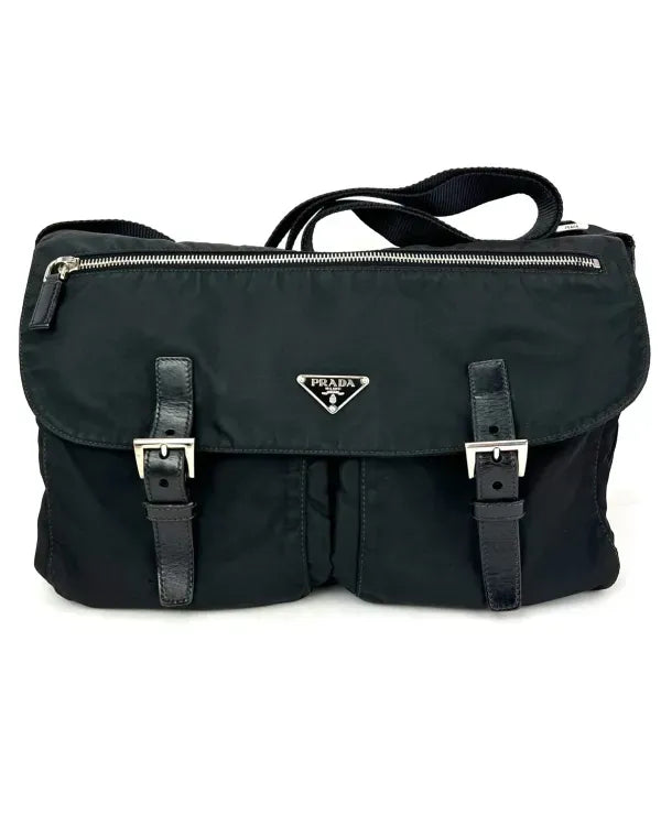 Prada Tessuto Nylon Double Buckle Black Messenger Bag (Bag)