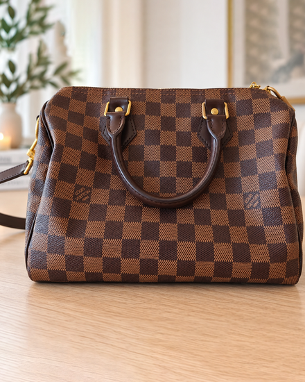 Louis Vuitton Speedy Bandoulière 25 Bag Small Canvas Brown Gold Tone Hardware Leather Strap (Bag)