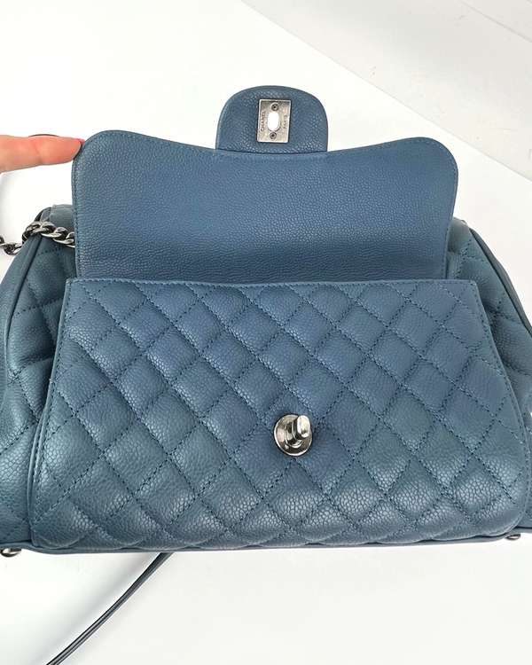 Chanel Quilted Caviar Large Blue Bowling Bag Ruthenium (Bag)