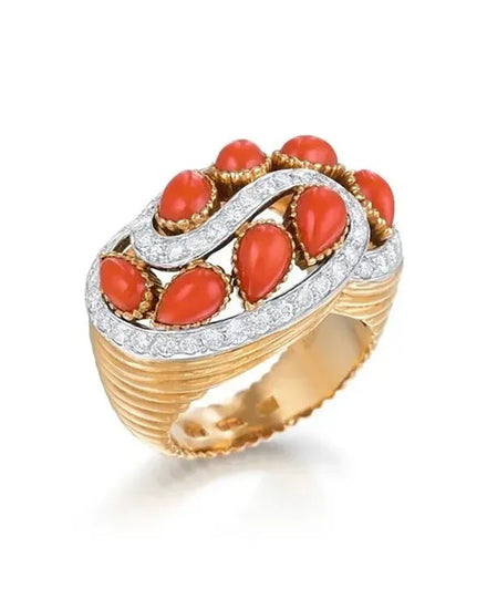 Cartier Accessories 18k Yellow Gold Coral and Diamond Ring Circa 1950’s Size 6 (Ring)