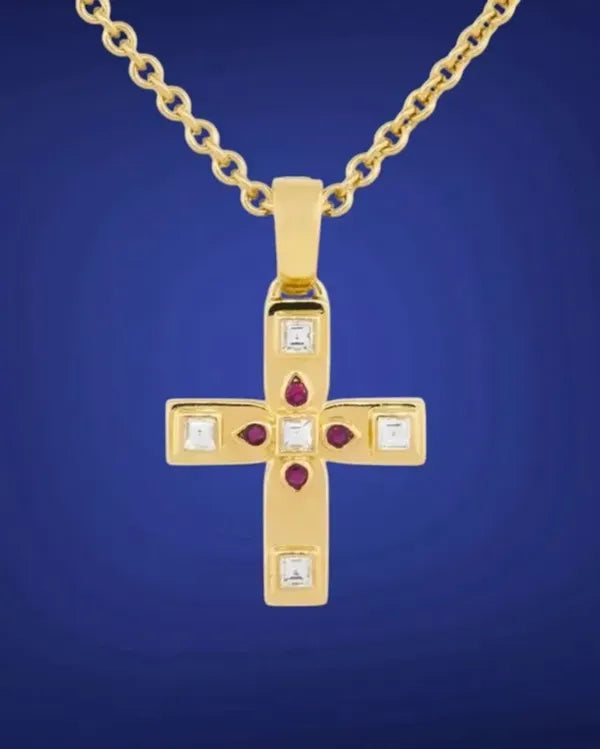 Cartier 18K Yellow Gold Byzantine Ruby Diamond Cross Necklace (Necklace)