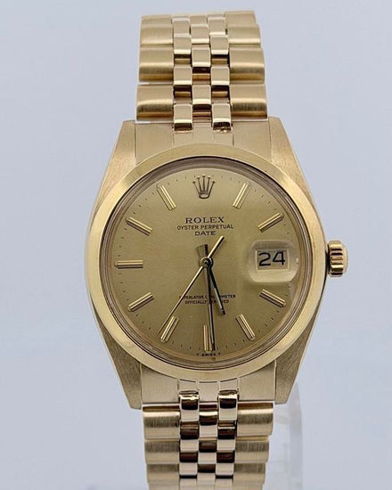 No Reserve - 1980 Rolex Oyster Perpetual Date 34MM Champagne Dial Yellow Gold Jubilee Bracelet (1503)