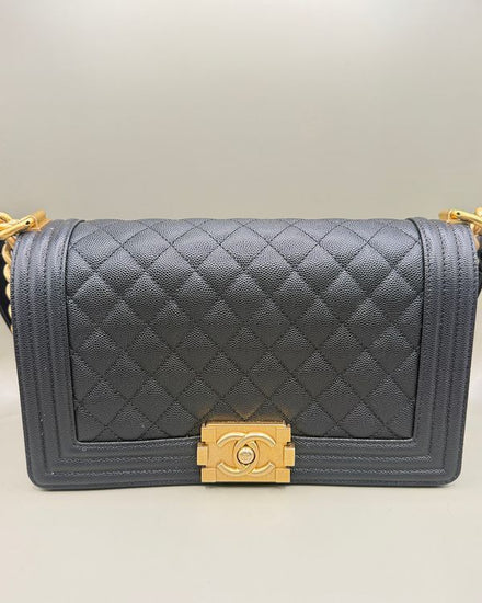 No Reserve - 2019 Chanel Boy Old Medium Bag Medium Leather Dark Grey Gold Tone Hardware Leather Chain Strap (Bag)