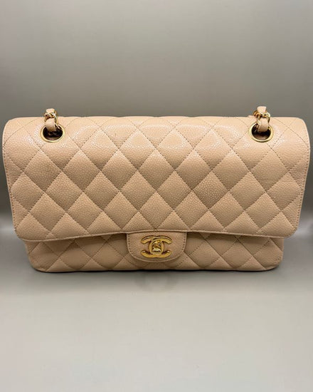 No Reserve - Chanel Classic Double Flap Medium Size Beige Clair Leather Gold-Tone Hardware (A01112)