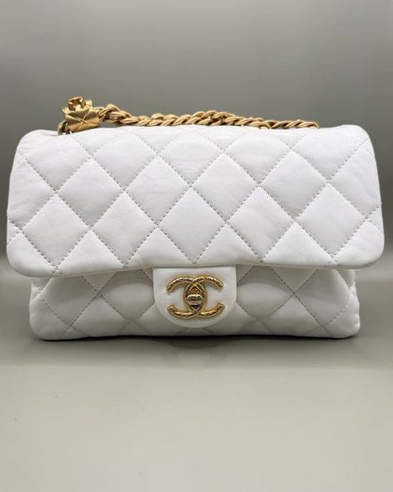 No Reserve - Chanel Bag Flap Triple Compartment Small White Leather Gold-Tone Hardware Chain Strap (Bag)