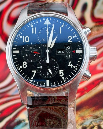 2018 IWC Schaffhausen Pilot Chronograph 43MM Black Dial Leather Strap (IW377701)