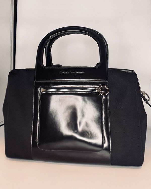 Bottega Veneta Vintage Top Handle Bag Medium Canvas Black Leather Silver Tone Hardware Leather Handles (Bag)
