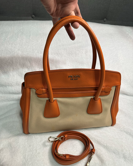 No Reserve - Prada Bag Top Handle Canvas Gold-Tone Hardware Leather Strap (Bag)