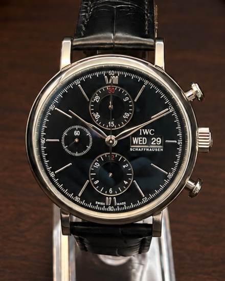 No Reserve - 2016 IWC Schaffhausen Portofino Chronograph 42MM Black Dial Leather Strap (IW391002)