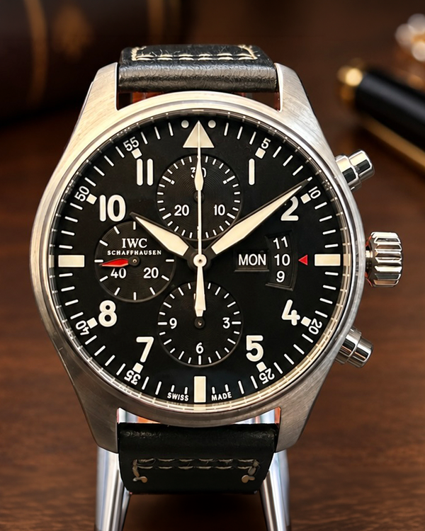 No Reserve - 2016 IWC Schaffhausen Pilot Chronograph 43MM Black Dial Leather Strap (IW377701)