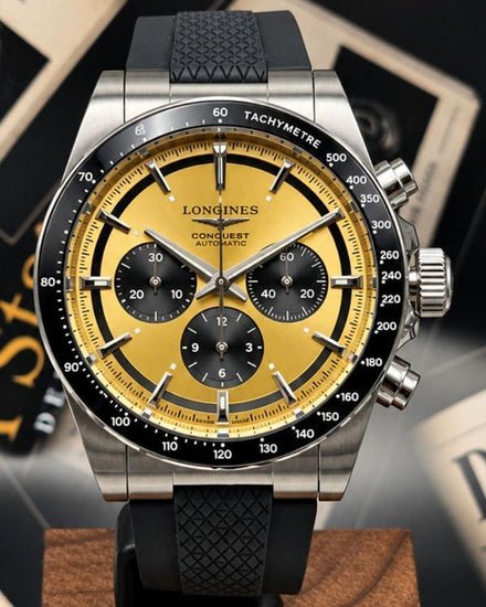 2026 Longines Conquest Chronograph 42MM Champagne Dial Rubber Strap (L3.835.4.32.9)
