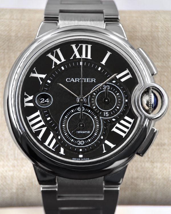 No Reserve - 2012 Cartier Ballon Bleu Chronograph 44MM Black Dial Steel Bracelet (W6920025)
