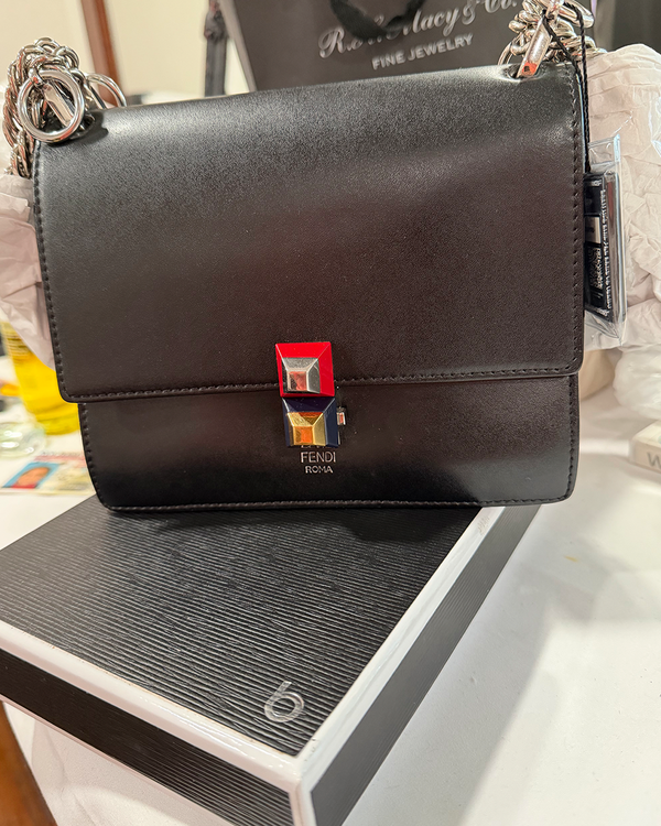 2021 Fendi Bag Kan Small Black Leather Silver-Tone Hardware Chain Strap (Bag)