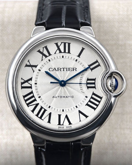 No Reserve - 2015 Cartier Ballon Bleu 36.6MM Silver Dial Leather Strap (W69017Z4)