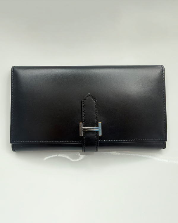 Hermès Bearn Wallet Black Leather Silver-Tone Hardware (H039785CK89)