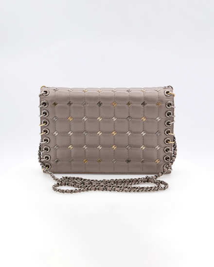 Chanel Bag Grey Chocolate Bar Piercing CC Studded Small Leather Silver-Tone Hardware Chain Strap (Bag)