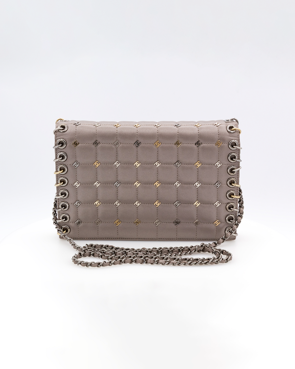 Chanel Bag Gray Chocolate Bar Piercing CC Studded Small Leather Silver-Tone Hardware Chain Strap (Bag)