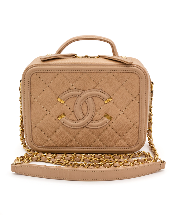 Chanel Bag CC Filigree Vanity Case Beige Caviar Leather Gold Hardware (Bag)