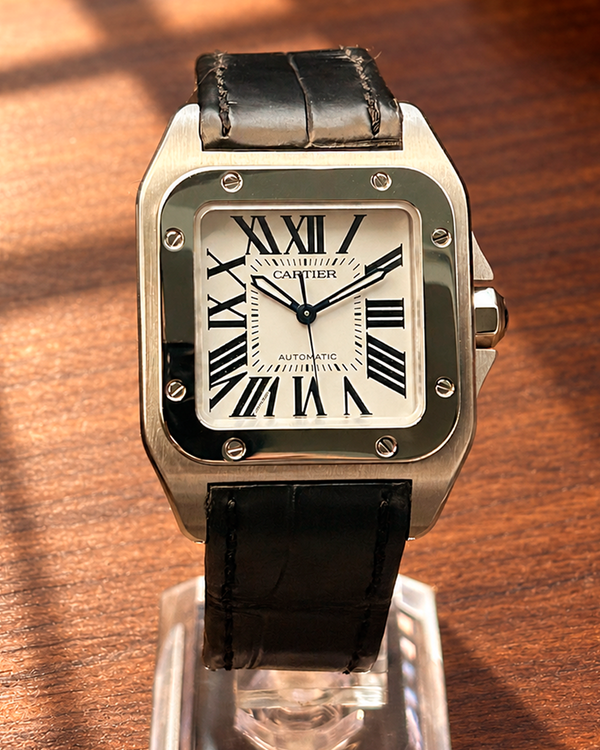 No Reserve - 2017 Cartier Santos 100 33MM Silver Dial Leather Strap (W20126X8)
