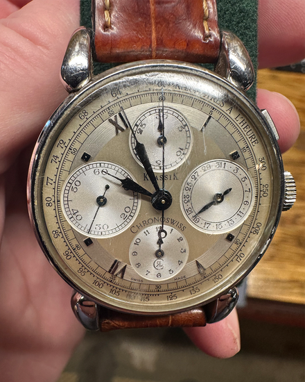 No Reserve - 1998 Chronoswiss Klassic Chronograph 37MM Aged Silver Dial Leather Strap (CH7443)