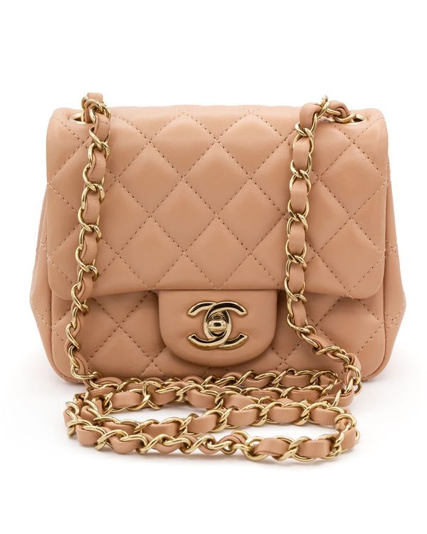 Chanel Bag Classic Mini Square Flap Bag Beige Quilted Lambskin Gold Hardware (Bag)