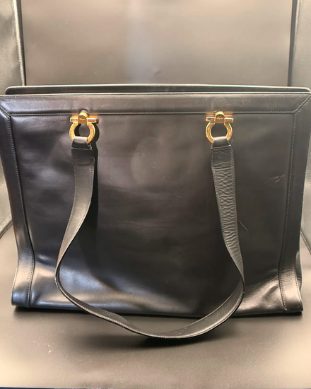 Salvatore Ferragamo Gancini Tote Black Leather Gold-Tone Hardware (A17364)