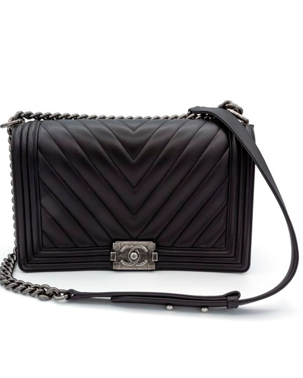 Chanel Bag Boy Bag New Medium Black Chevron Lambskin Ruthenium Hardware (Bag)