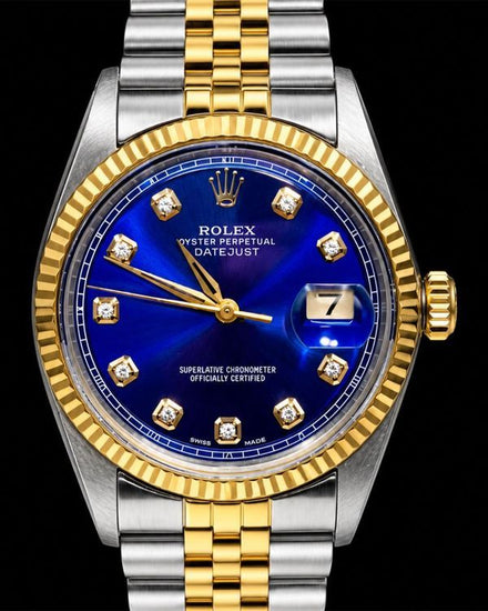 No Reserve - 1965 Rolex Datejust 36MM Aftermarket Blue Dial Aftermarket Two-Tone Gold-Plated Jubilee Bracelet (1601)