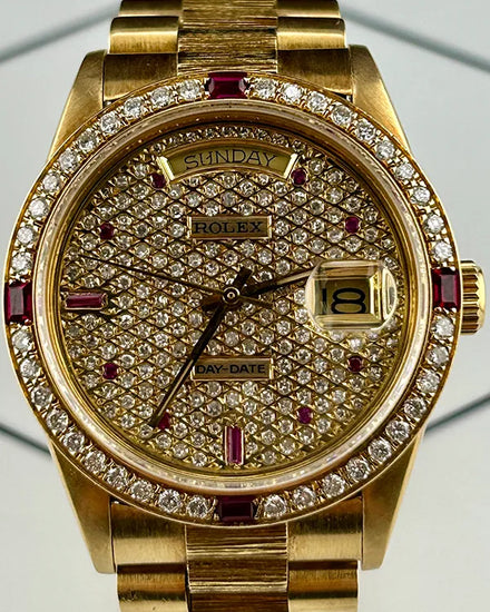 Rolex Day-Date 36MM Aftermarket Diamond Pavé Dial Yellow Gold "Bark-Finish" President Bracelet (18078)