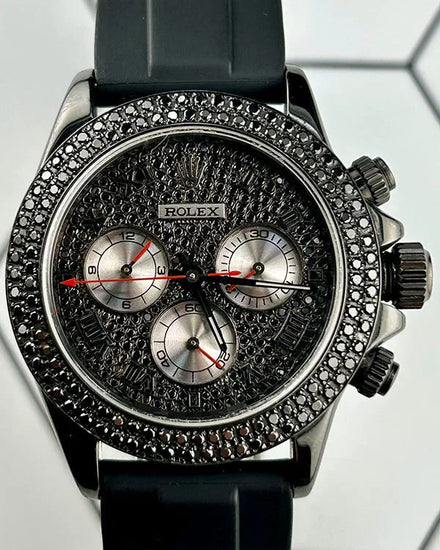 Rolex Cosmograph Daytona Aftermarket PVD Coated 40MM Aftermarket Diamond Pavé Dial Aftermarket Rubber Strap (116523)