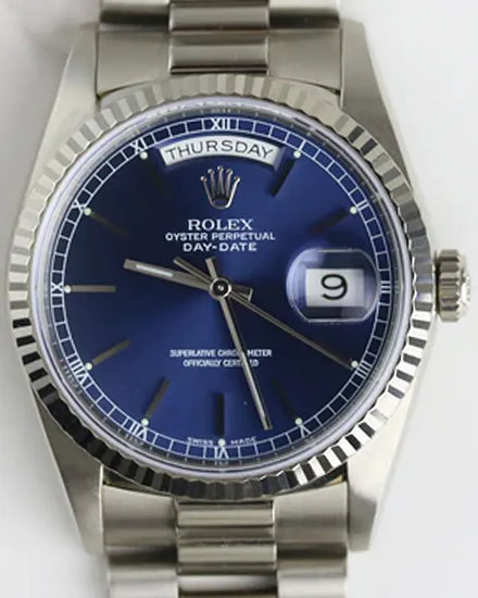 1991 (X Serial) Rolex Day-Date 36MM Blue Dial White Gold President Bracelet (18239)