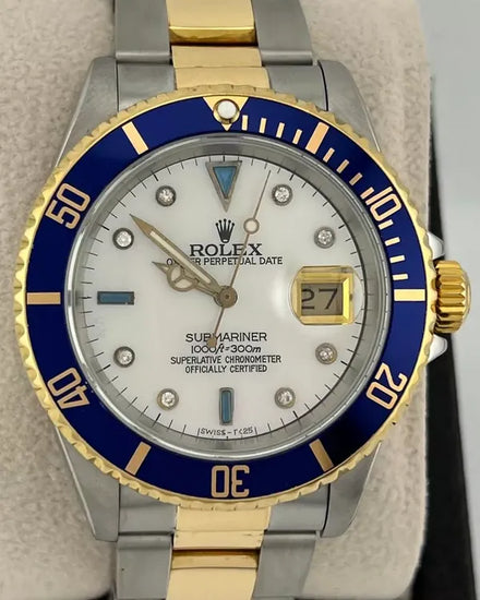 1989 (L Serial) Rolex Submariner Date 40MM Aftermarket Mother of Pearl "Serti" Dial Two-Tone Oyster Bracelet (16613)