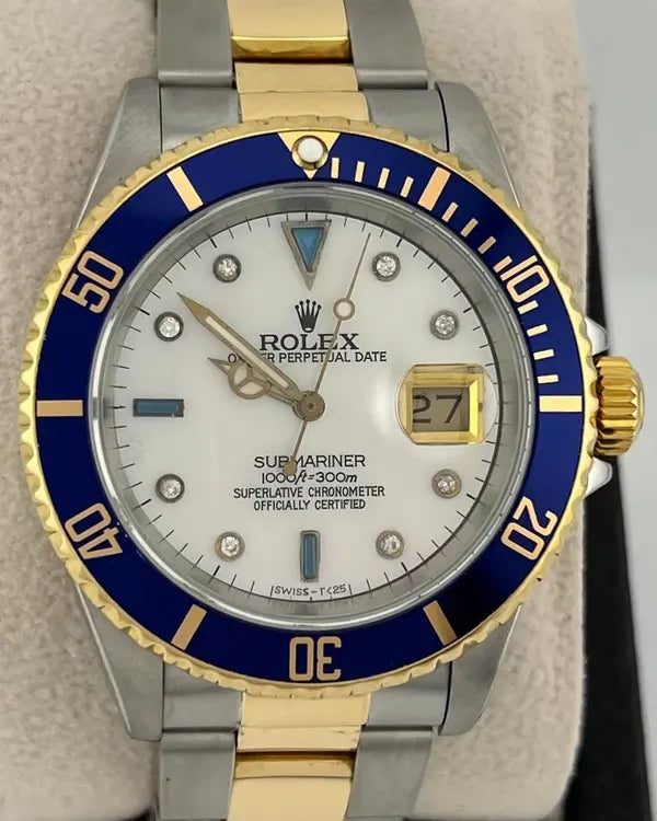 1989 (L Serial) Rolex Submariner Date 40MM Aftermarket Mother of Pearl "Serti" Dial Two-Tone Oyster Bracelet (16613)