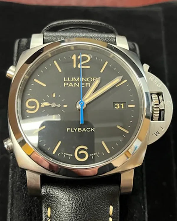 No Reserve - Panerai Luminor 1950 3 Days Chrono Flyback 44MM Black Dial Leather Strap (PAM00524)